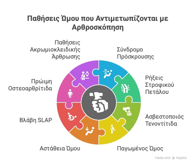 Οι παθήσεις που αντιμετωπίζονται με την αρθροσκόπηση ώμου περιλαμβάνουν visual selection
